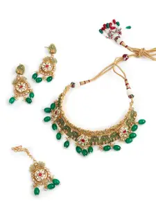 ODETTE Gold-Plated Kundan Stone Studded & Beaded Alloy Choker Necklace Jewellery Set