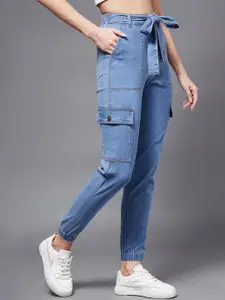 Miss Chase Women Blue Jean Jogger High-Rise Light Fade Stretchable Joggers