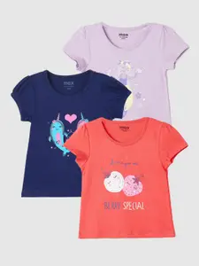 max Girls Pack Of 3 Printed Round Neck Pure Cotton Casual T-Shirt