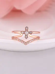Yellow Chimes Rose-Gold Plated  Dual Layer Crystal Studded Ring