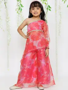 KID1 Girls Floral Printed One Shoulder Gotta Patti Empire Organza Top With Palazzos