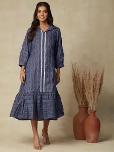 FASHOR Blue Striped Cuffed Sleeves Gathered Detailed Cotton A-Line Midi Dress