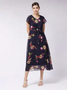 Miss Chase Floral Printed Tie-Up A-Line Midi Dress