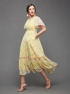 Miss Chase Floral Printed Flared Sleeves Chiffon A-Line Midi Dress