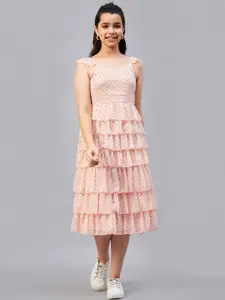 Antheaa Girls Peach Polka Dots Printed Shoulder Straps Layered Fit & Flare Midi Dress