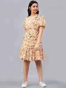 Antheaa Girls Cream Paisley Printed Puff Sleeve Gathered Tiered A-Line Dress