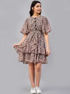Antheaa Girls Pink And Black Floral Printed Puff Sleeve Layered Fit & Flare Dress