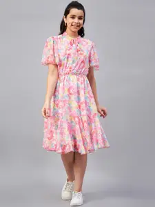 Antheaa Girls Pink Abstract Printed Flared Sleeve Gathered Tiered Fit & Flare Midi Dress