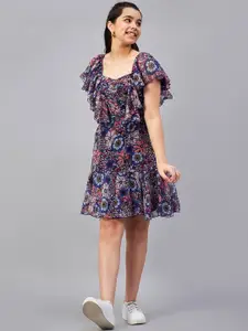 Antheaa Girls Purple Floral Printed Flutter Sleeves Pleated A-Line Dress