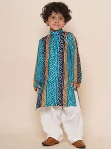Aj DEZInES Boys Bandhani Printed Band Collar Pure Cotton Kurta with Salwar