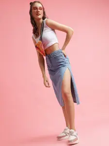 Belliskey Women Solid Blue Side Slit Knee Length Denim Skirt