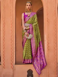 Anouk Olive Green & Purple Geometric Woven Design Zari Banarasi Saree