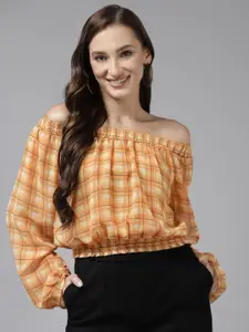 BAESD Yellow Checked Off-Shoulder Puff Sleeve Bardot Top