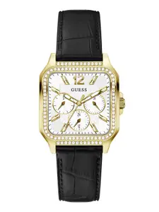 GUESS Women Brass Dial & Leather Textured Straps Analogue Watch GW0309L2