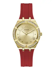 GUESS Women Embellished Dial & Red Textured Straps Analogue Watch GW0034L6