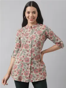 Divena Floral Print Mandarin Collar Shirt Style Longline Top