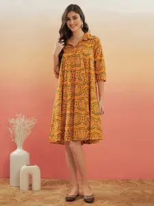 InWeave Ethnic Motifs Printed Shirt Collar A-Line Dress