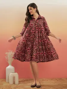 InWeave Ethnic Motifs Printed Shirt Collar Gather A-Line Dress