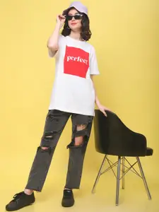 DressBerry White Typography Printed Oversized Cotton T-shirt
