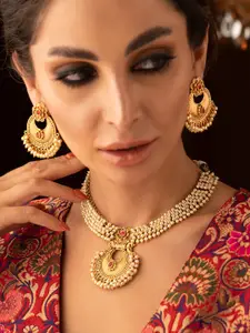 Rubans 20K Gold-Plated Stone Studded & Beaded Necklace With Earrings