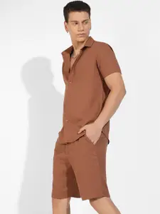 Campus Sutra Brown Textured Shirt & Shorts