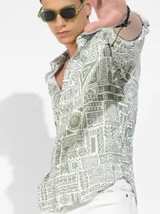 Campus Sutra Sea Green Classic Tribal Printed Cotton Casual Shirt