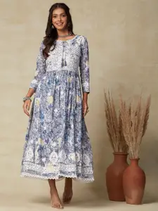 FASHOR Floral Printed Tie-up Neck Fit & Flare Cotton Midi Ethnic Dress