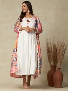 FASHOR Smoked Detailed Fit & Flare Ethnic Dress with Jacket