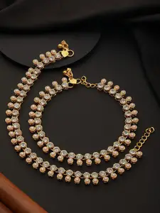 Jazz and Sizzle Set Of 2 Gold-Plated Kundan-Studded & Pearl Beaded Anklets
