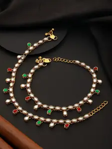 Jazz and Sizzle Set Of 2 Gold-Plated Kundan-Studded Anklets