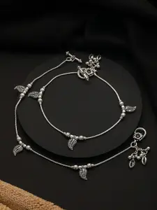 Jazz and Sizzle Set Of 2 Silver-Plated Stone-Studded & Leaf Shaped Ghungroo Anklets