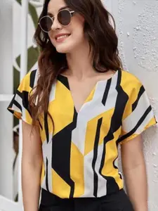 Kotty Yellow Abstract Printed Extended Sleeves Top