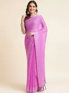 Mitera Magenta & Silver-Toned Floral Woven Design Zari Pure Chiffon Saree