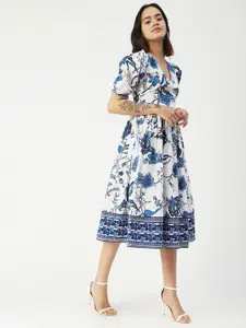 Moomaya Floral Printed V-Neck Puff Sleeve Cotton Fit & Flare Midi Dress