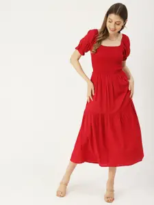 Moomaya Puff Sleeve Fit & Flare Smocked Style Tiered Midi Dress