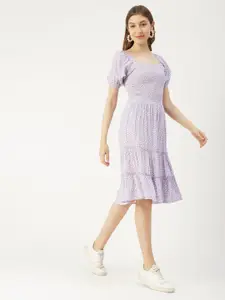 Moomaya Smocked Abstract Print Puff Sleeve Fit & Flare Dress