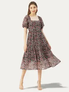 Moomaya Floral Printed Puff Sleeve Fit & Flare Midi Dress