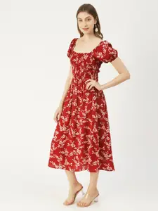 Moomaya  Floral Print Puff Sleeve Smocked Square Neck Fit & Flare Midi Dress