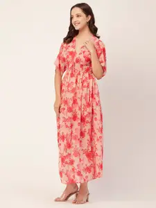 Moomaya Floral Printed V-Neck Fringed Flared Sleeves Flared Empire Dress