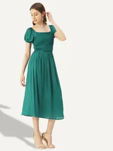 Moomaya Square Neck Puffed Sleeves Smocked Fit & Flare Midi Dress