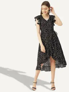 Moomaya Polka Dot Print Flutter Sleeve Fit and Flare Midi Dress