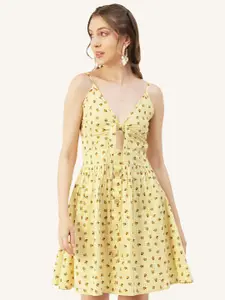 Moomaya Conversational Printed Shoulder Strap Cut-Out Detailed Cotton Fit & Flare Dress