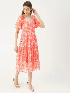 Moomaya Floral Printed Puff Sleeves Square Neck Smocked Tiered Fit & Flare Midi Dress