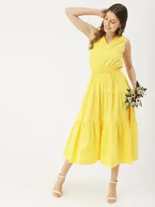 Moomaya V-Neck Sleeveless Smocked Tiered Cotton Fit & Flare Midi Dress