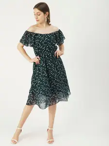 Moomaya Off-Shoulder Floral Print Flared Sleeve A-Line Dress