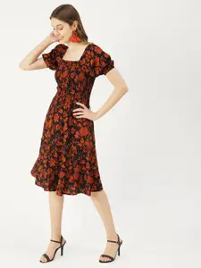 Moomaya Floral Printed Smocked Detail Square Neck Fit & Flare Dress