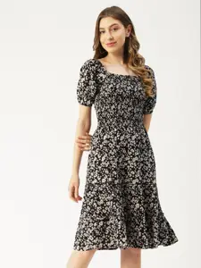 Moomaya Abstract Printed Square Neck Puff Sleeve Smocked Tiered Fit & Flare Dress