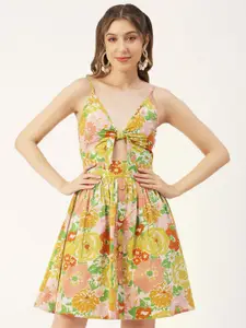 Moomaya Floral Printed Shoulder Strap Cut-Out Detailed Cotton Fit & Flare Dress