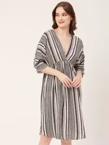 Moomaya Striped Puff Sleeves V-Neck Fit & Flare Dress
