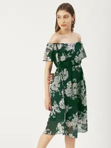 Moomaya Floral Printed Off-Shoulder Fit & Flare Dress